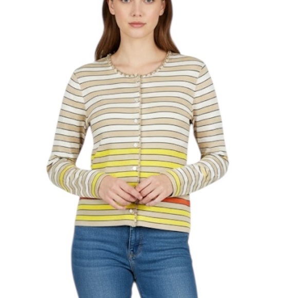 Marc Cain Striped Silk Trim Long Sleeve Button Front Cardigan Top Small Preppy - Picture 1 of 15